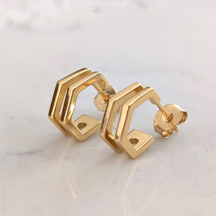 gold hexagon hoop earrings