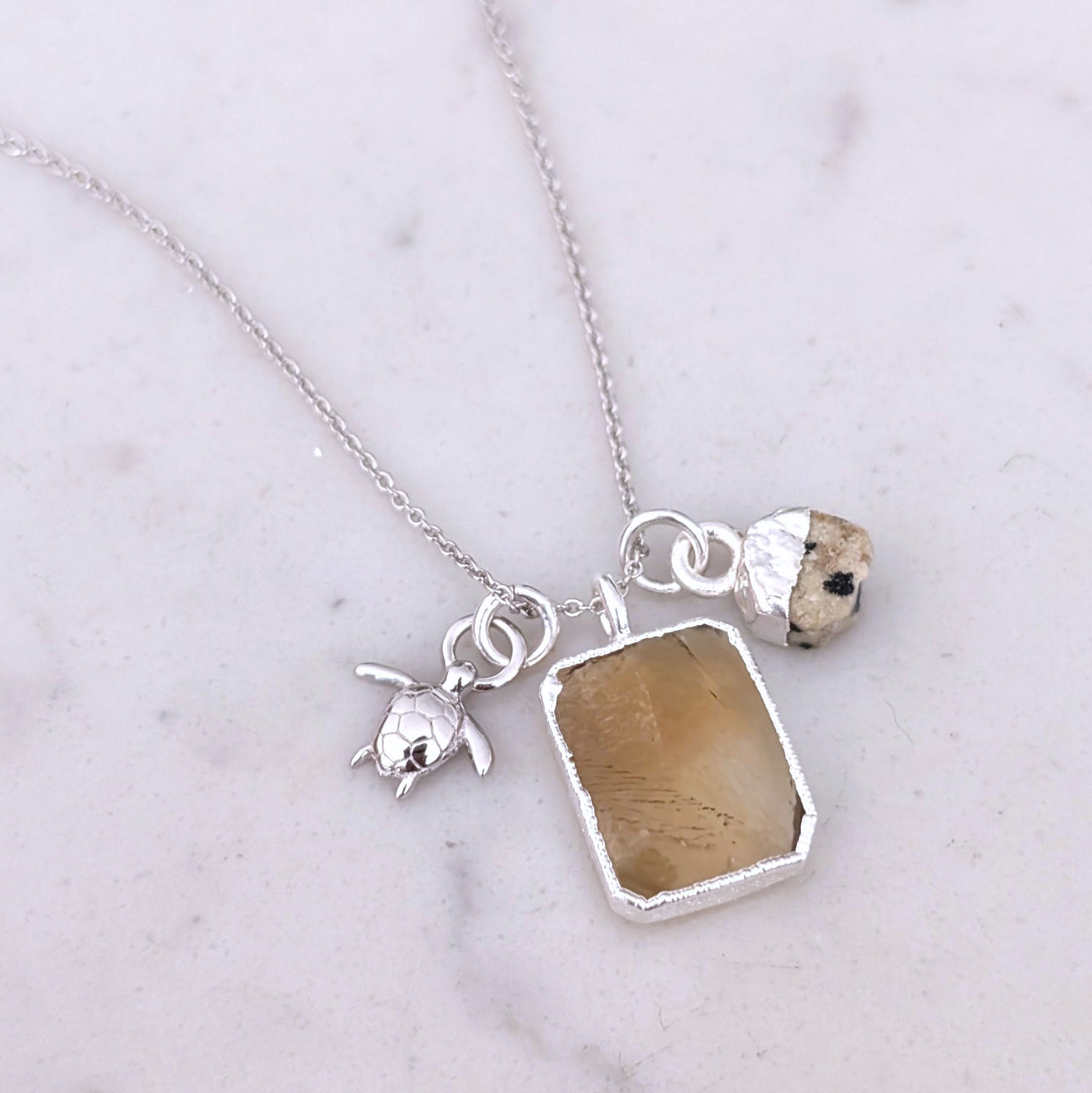 silver citrine and dalmatian jasper gemstone pendant necklace