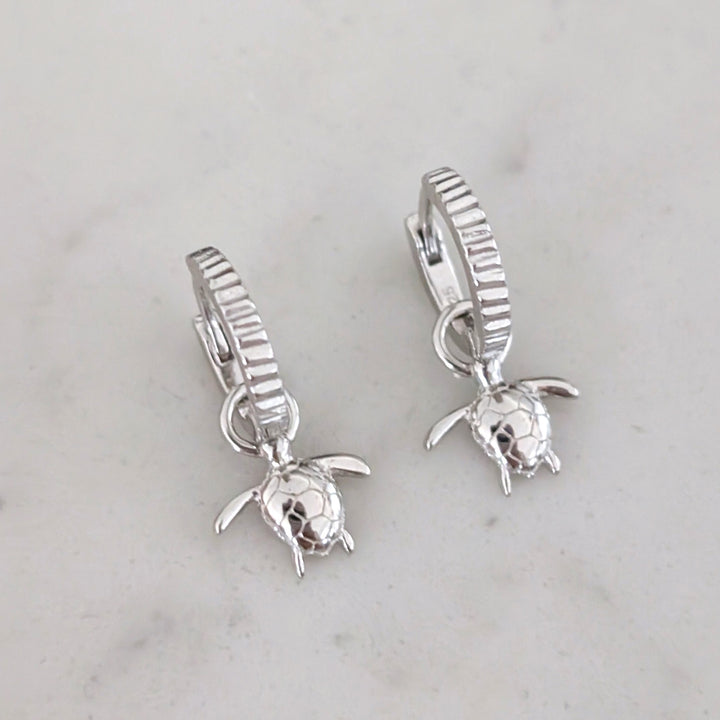 silver turtle charm hoop earrings