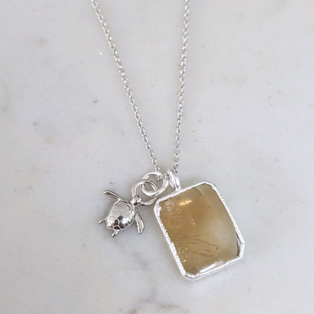 silver citrine pendant necklace with turtle charm