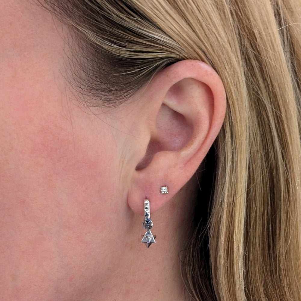 sterling silver tetrahedron star charm hoop earrings

