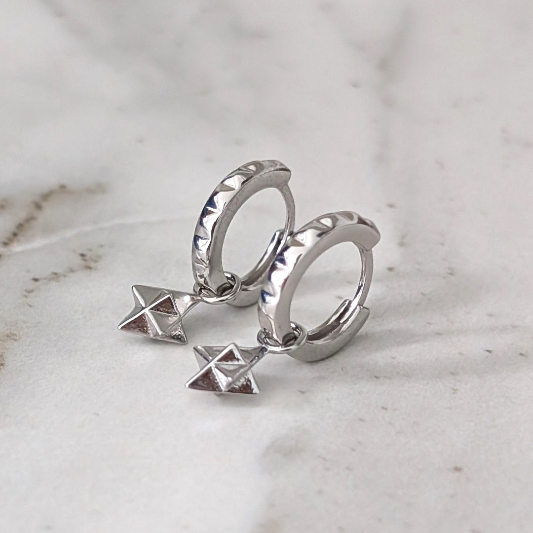 sterling silver tetrahedron star charm hoop earrings
