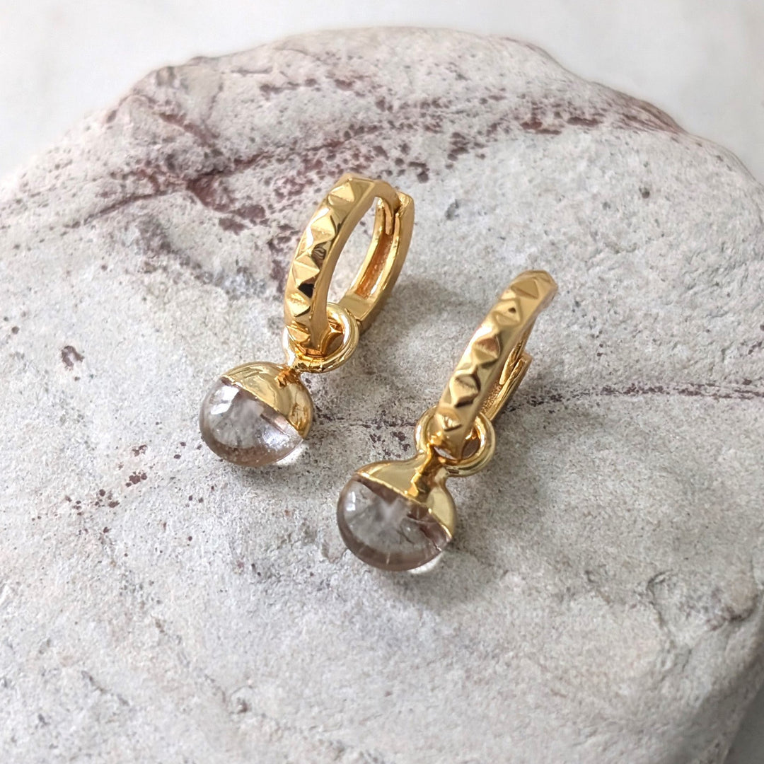 gold clear quartz April birthstone earrings 