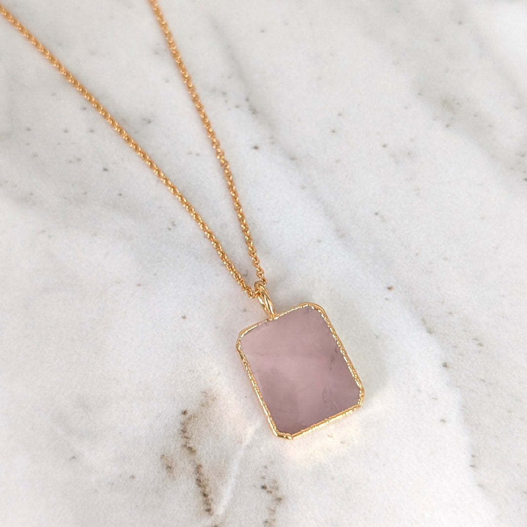 gold rose quartz rectangular pendant necklace 