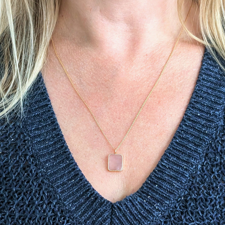 gold rose quartz rectangular pendant necklace 