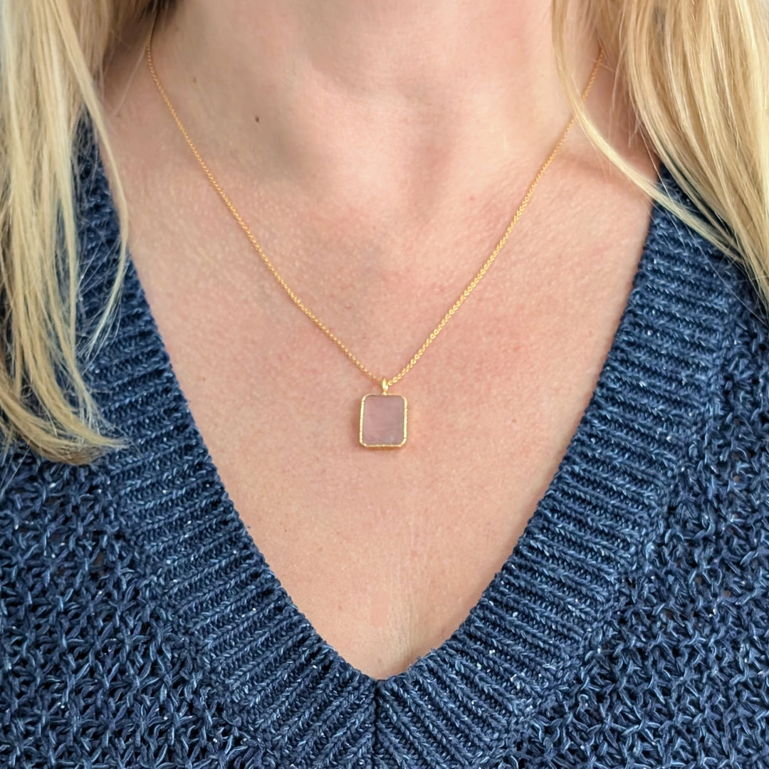 gold rose quartz rectangular pendant necklace 