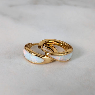 gold opal crescent hoop earrings