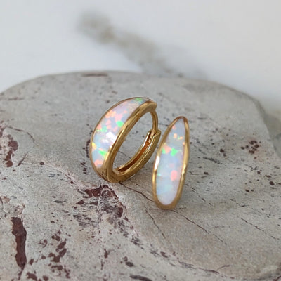 gold opal crescent hoop earrings