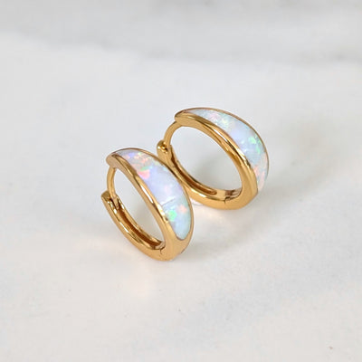 gold opal crescent hoop earrings