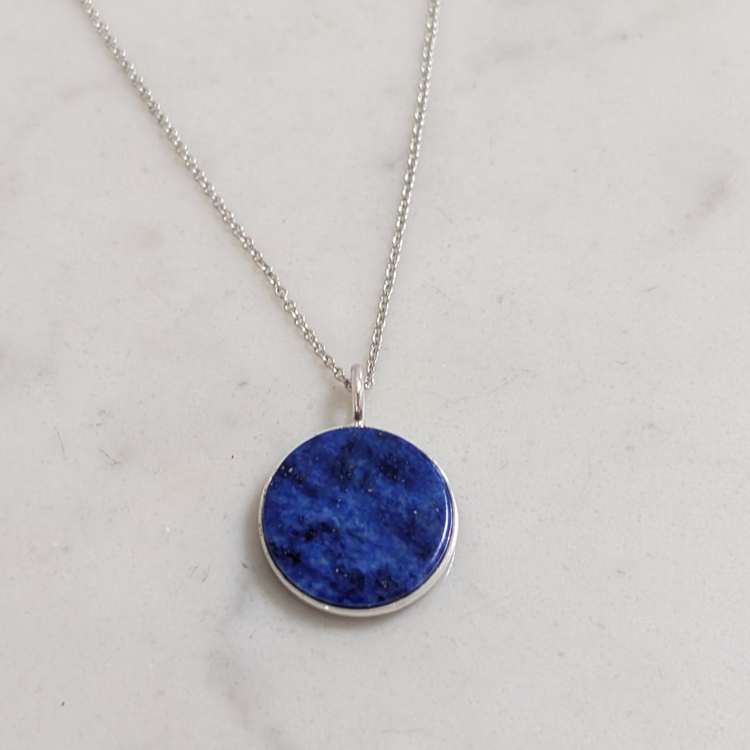 sterling silver lapis lazuli circular pendant necklace