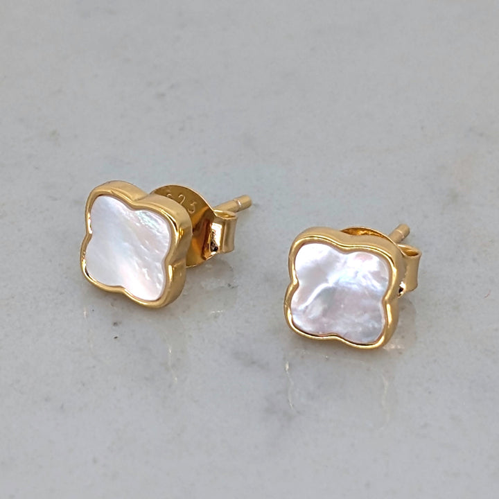 gold mother of pearl clover stud earrings