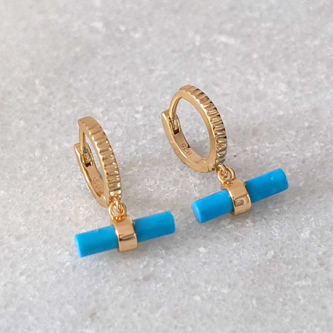 18 carat gold plated sterling silver turquoise t-bar hoop earrings