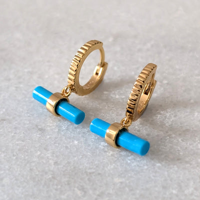 18 carat gold plated sterling silver turquoise t-bar hoop earrings
