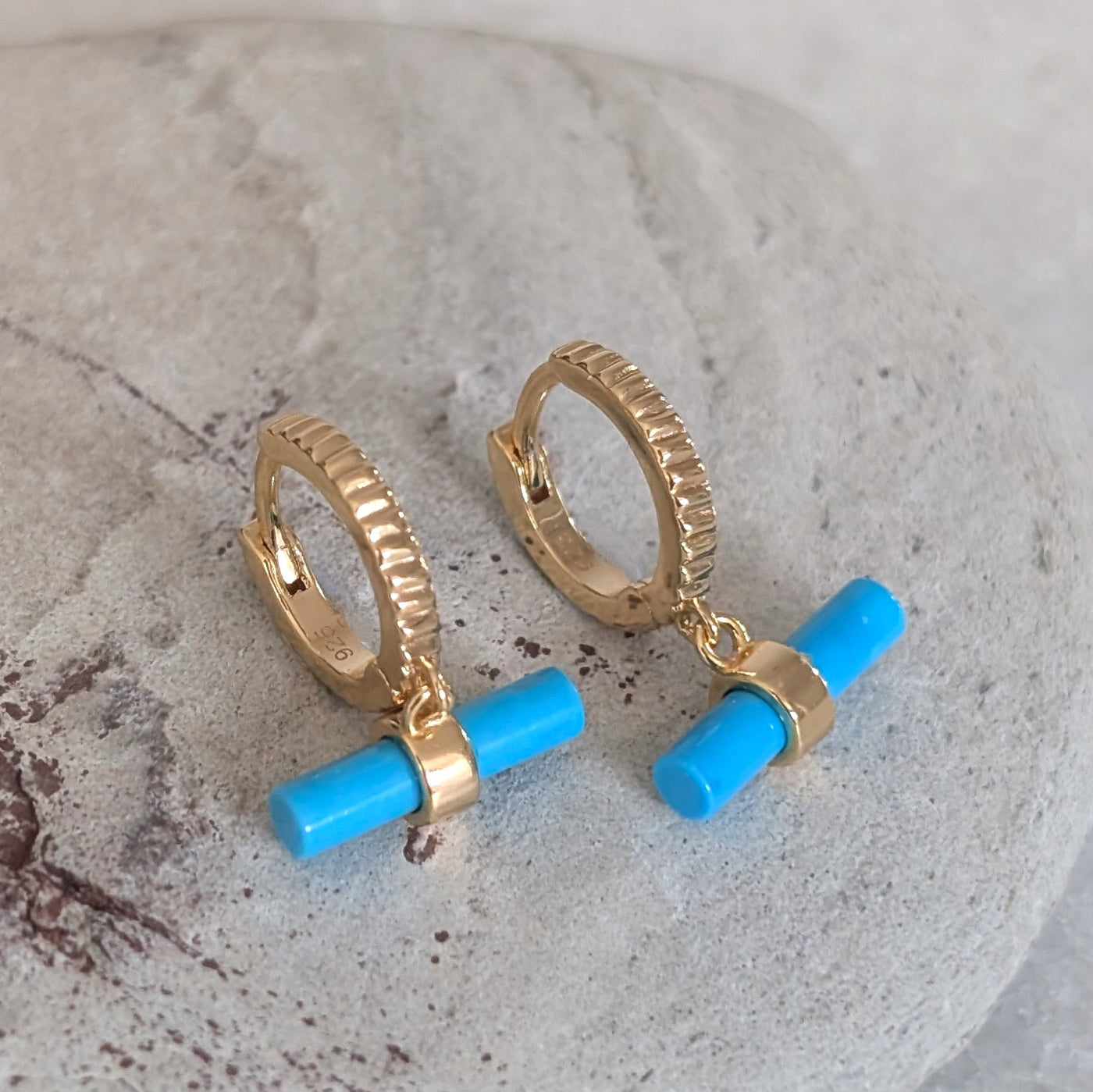 18 carat gold plated sterling silver turquoise t-bar hoop earrings