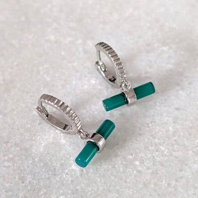 sterling silver green onyx t-bar hoop earrings