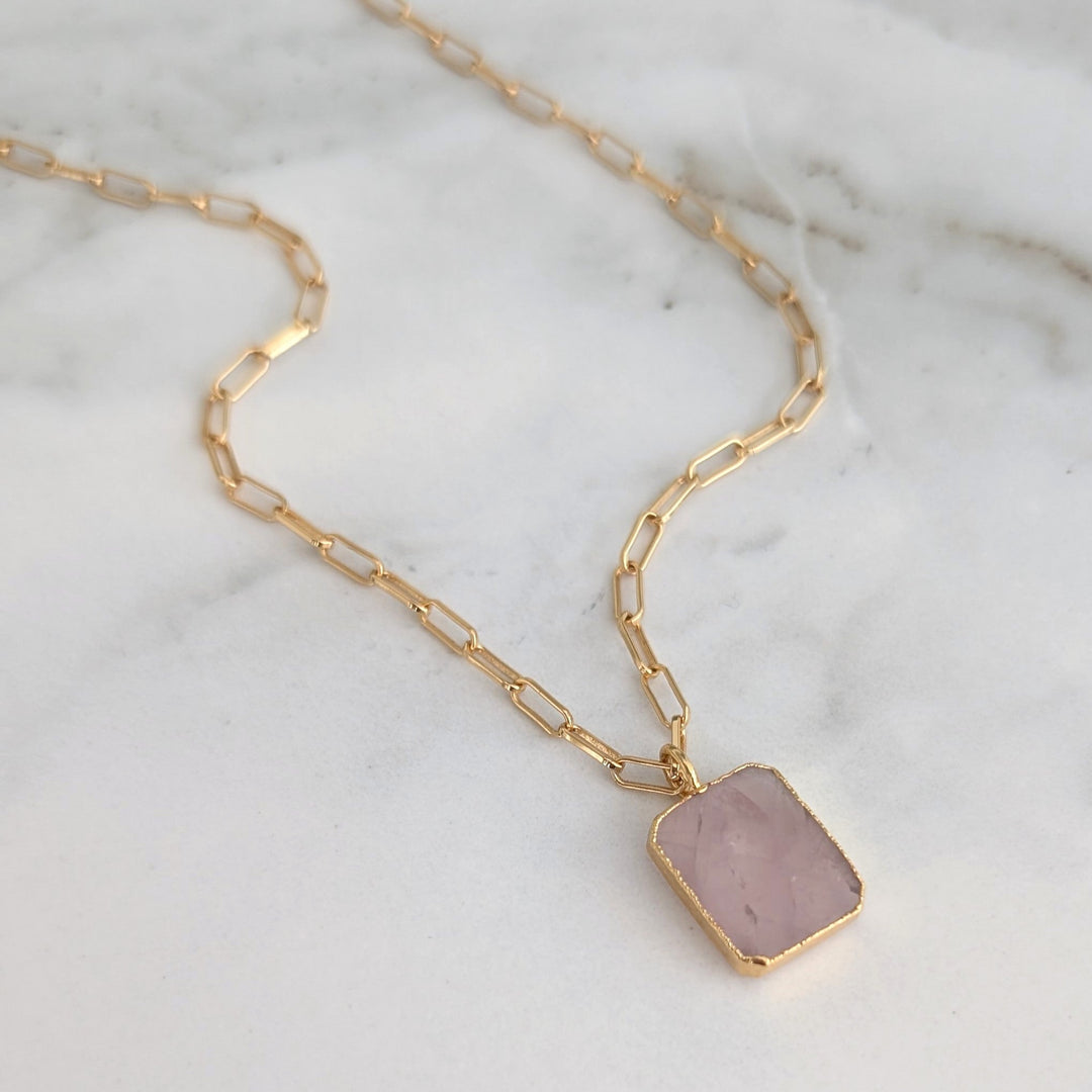 18 carat gold plated rose quartz rectangular pendant necklace 