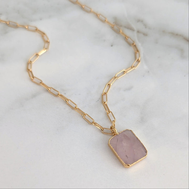 18 carat gold plated rose quartz rectangular pendant necklace 