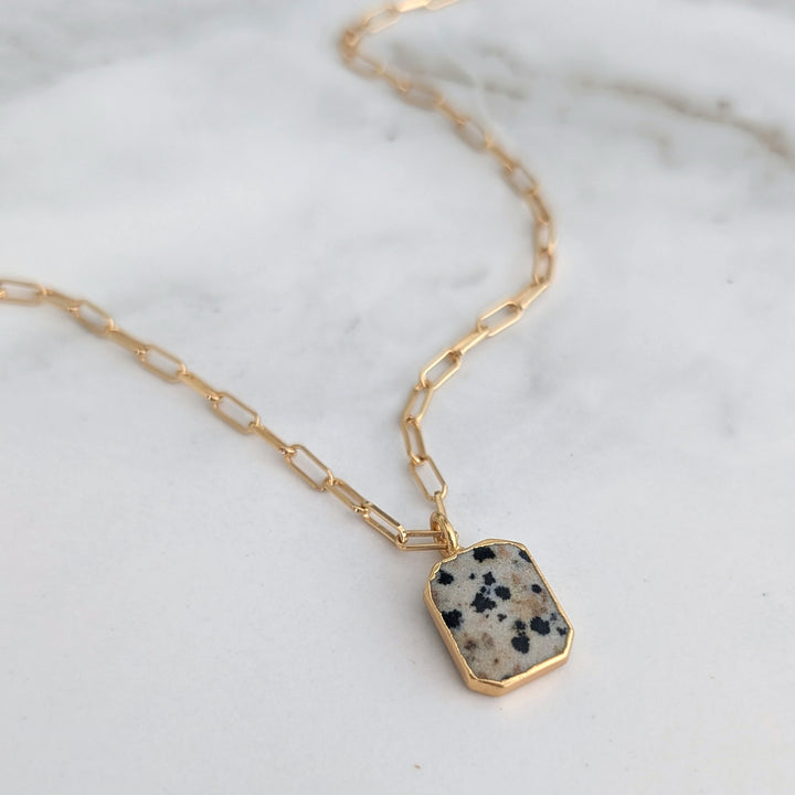 gold plated sterling silver dalmatian jasper rectangular pendant necklace 