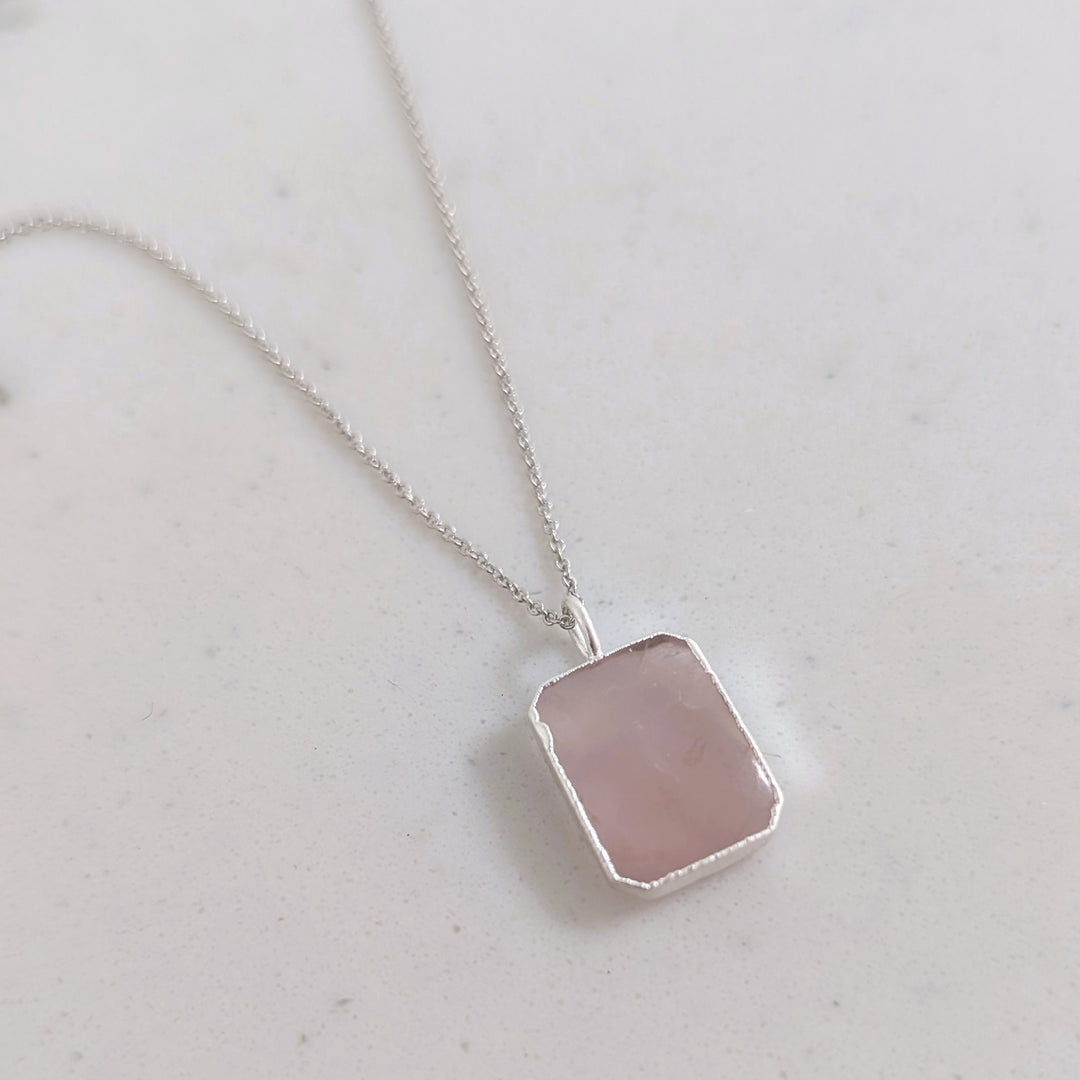 sterling silver rose quartz rectangular pendant necklace