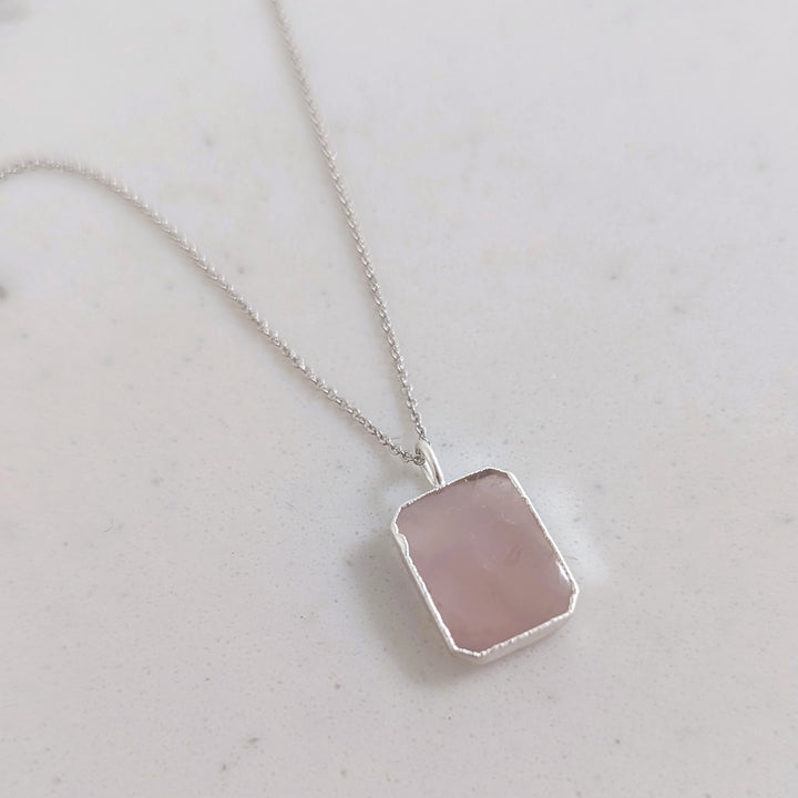 sterling silver rose quartz rectangular pendant necklace