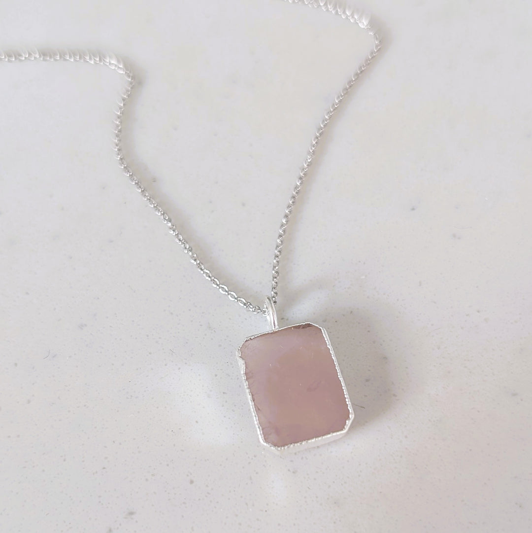 sterling silver rose quartz rectangular pendant necklace
