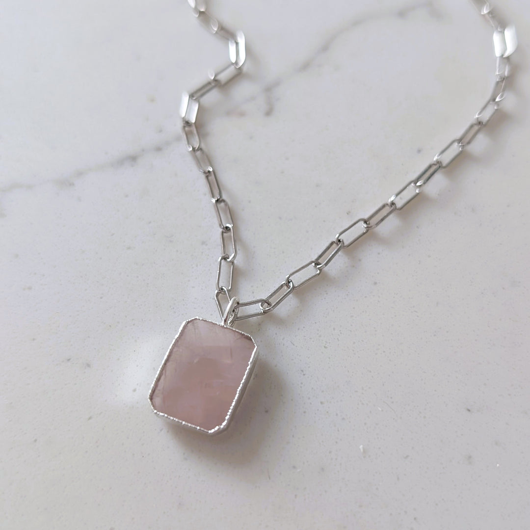 sterling silver rose quartz rectangular pendant necklace
