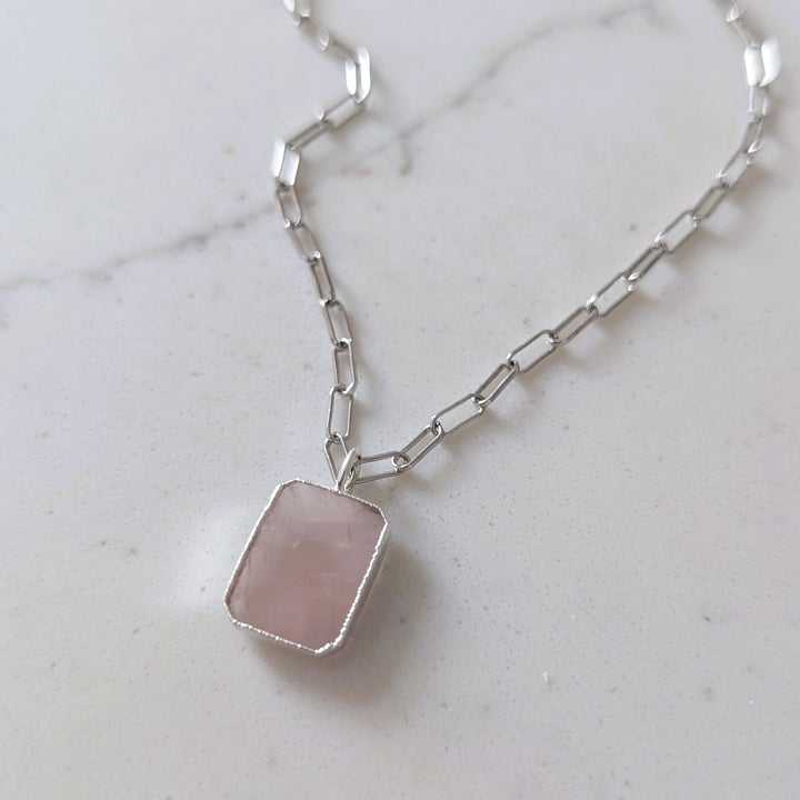 sterling silver rose quartz rectangular pendant necklace