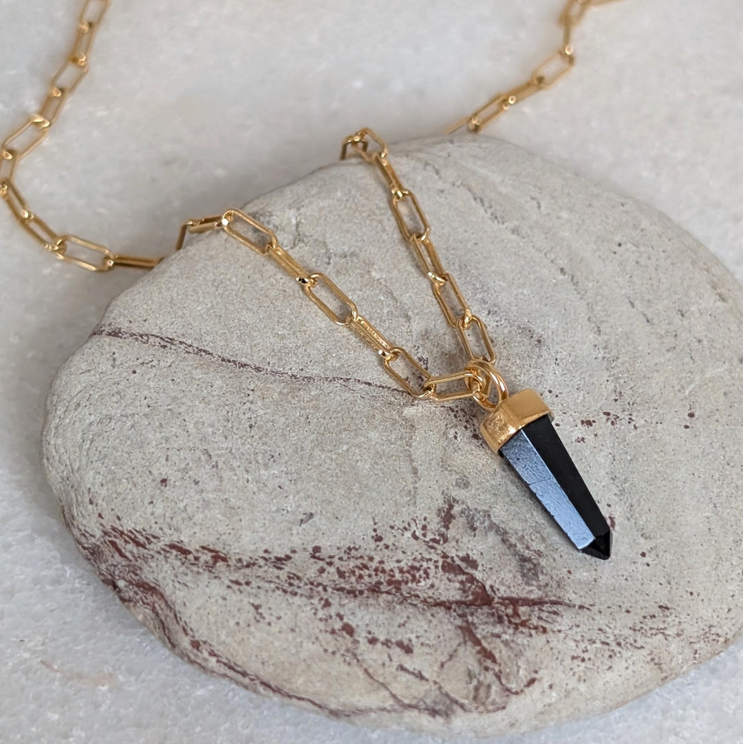 gold paperclip necklace with black tourmaline gemstone point pendant