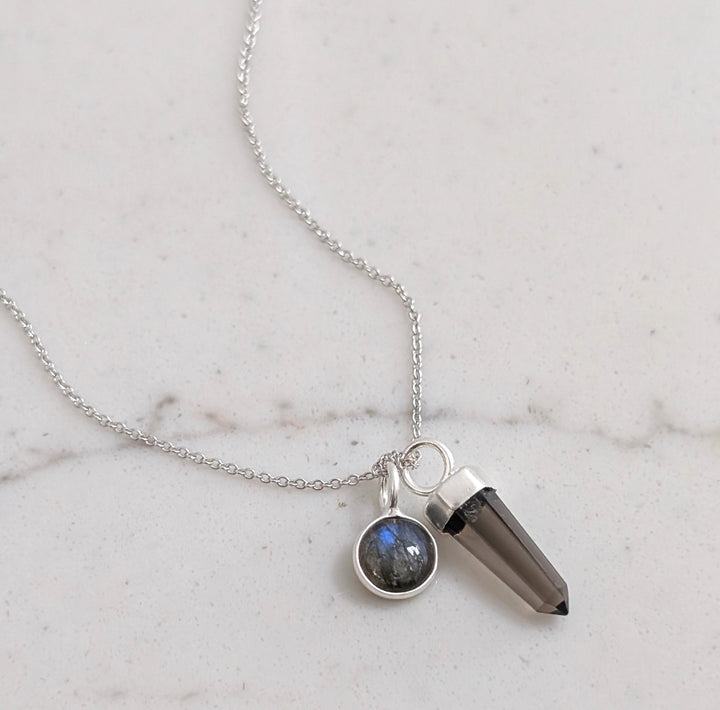 sterling silver smokey quartz spike  and labradorite charm gemstone pendant necklace with
