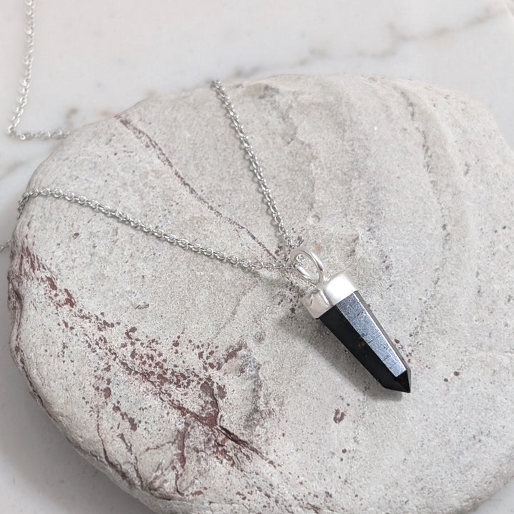 sterling silver black tourmaline spike gemstone necklace 