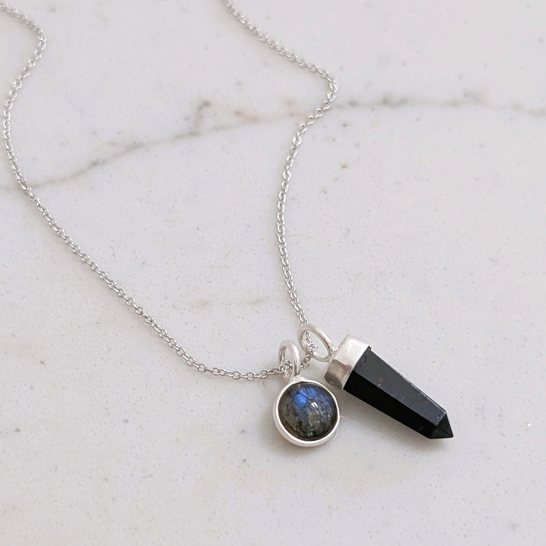 sterling silver black tourmaline spike gemstone necklace with labradorite charm