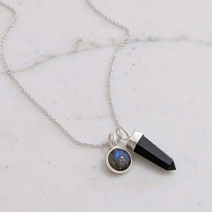 sterling silver black tourmaline spike gemstone necklace with labradorite charm