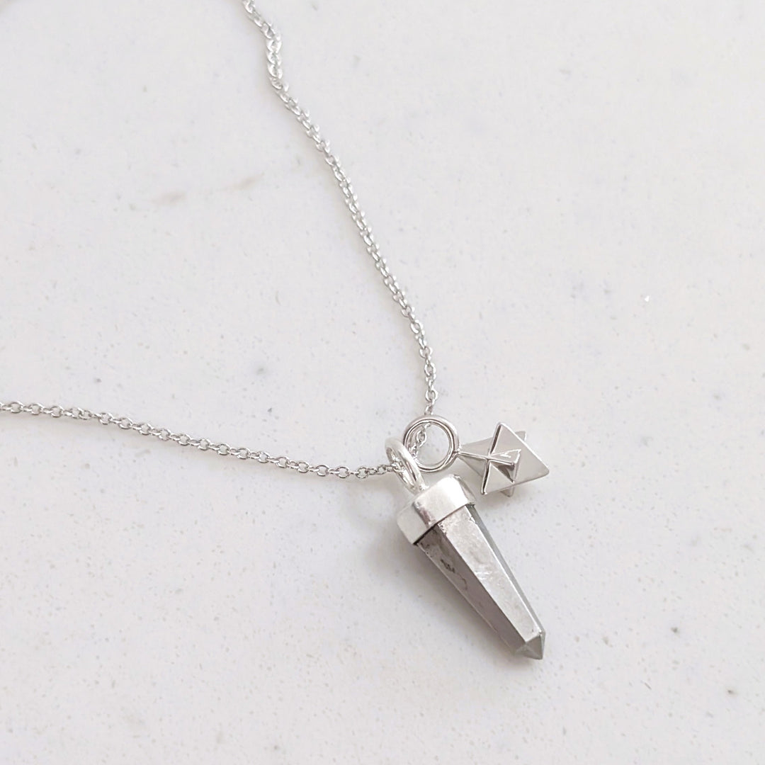 sterling silver pyrite spike gemstone necklace with silver tetrahedron charm
