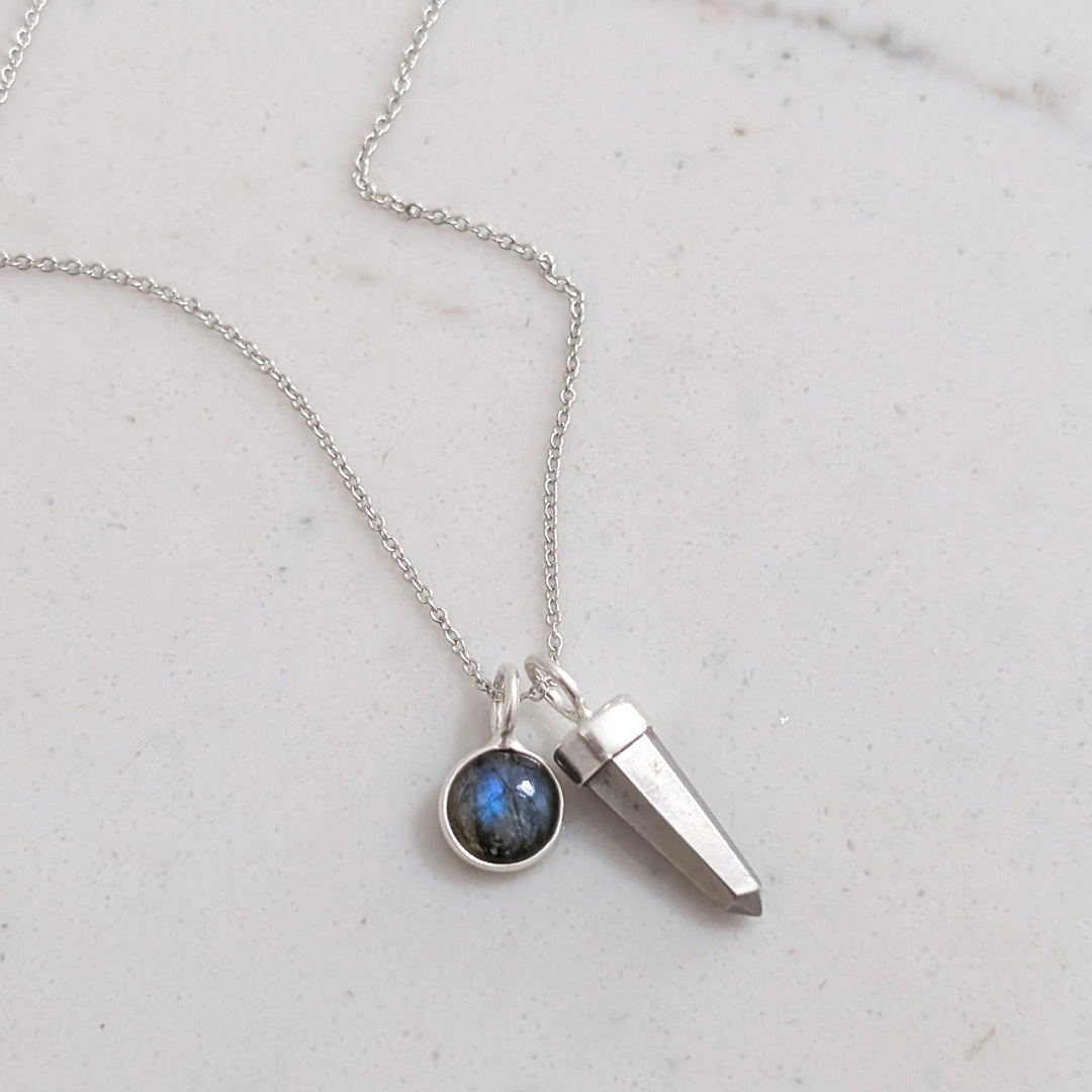 sterling silver pyrite spike gemstone necklace with labradorite charm