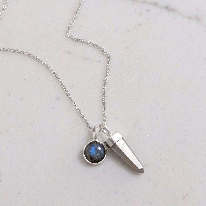 sterling silver pyrite spike gemstone necklace with labradorite charm
