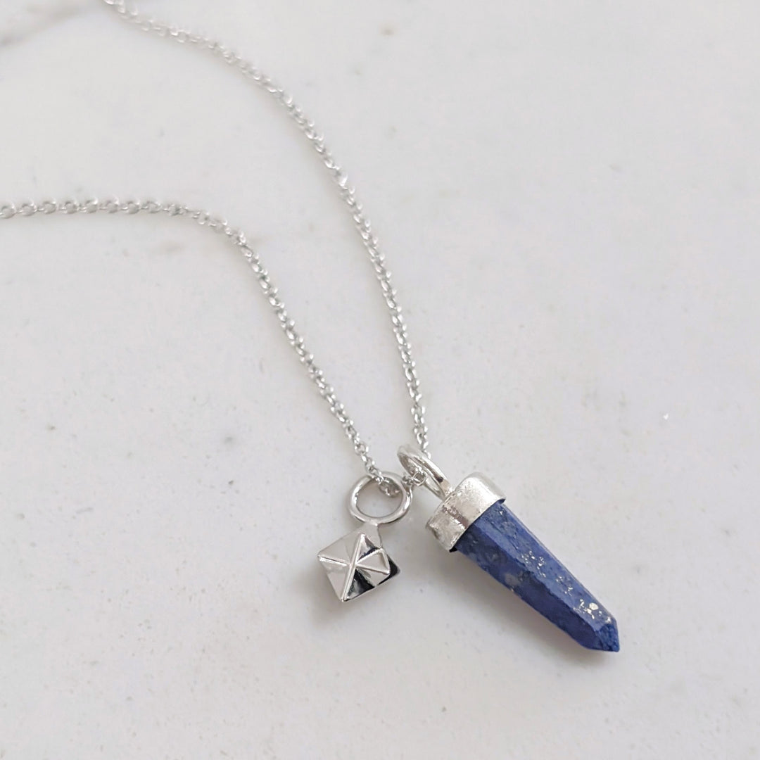 sterling silver and lapis lazuli spike pendant gemstone necklace with tetrahedron star charm