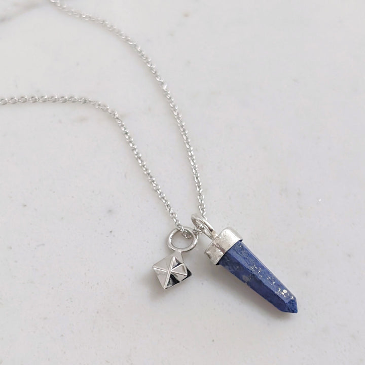 sterling silver and lapis lazuli spike pendant gemstone necklace with tetrahedron star charm