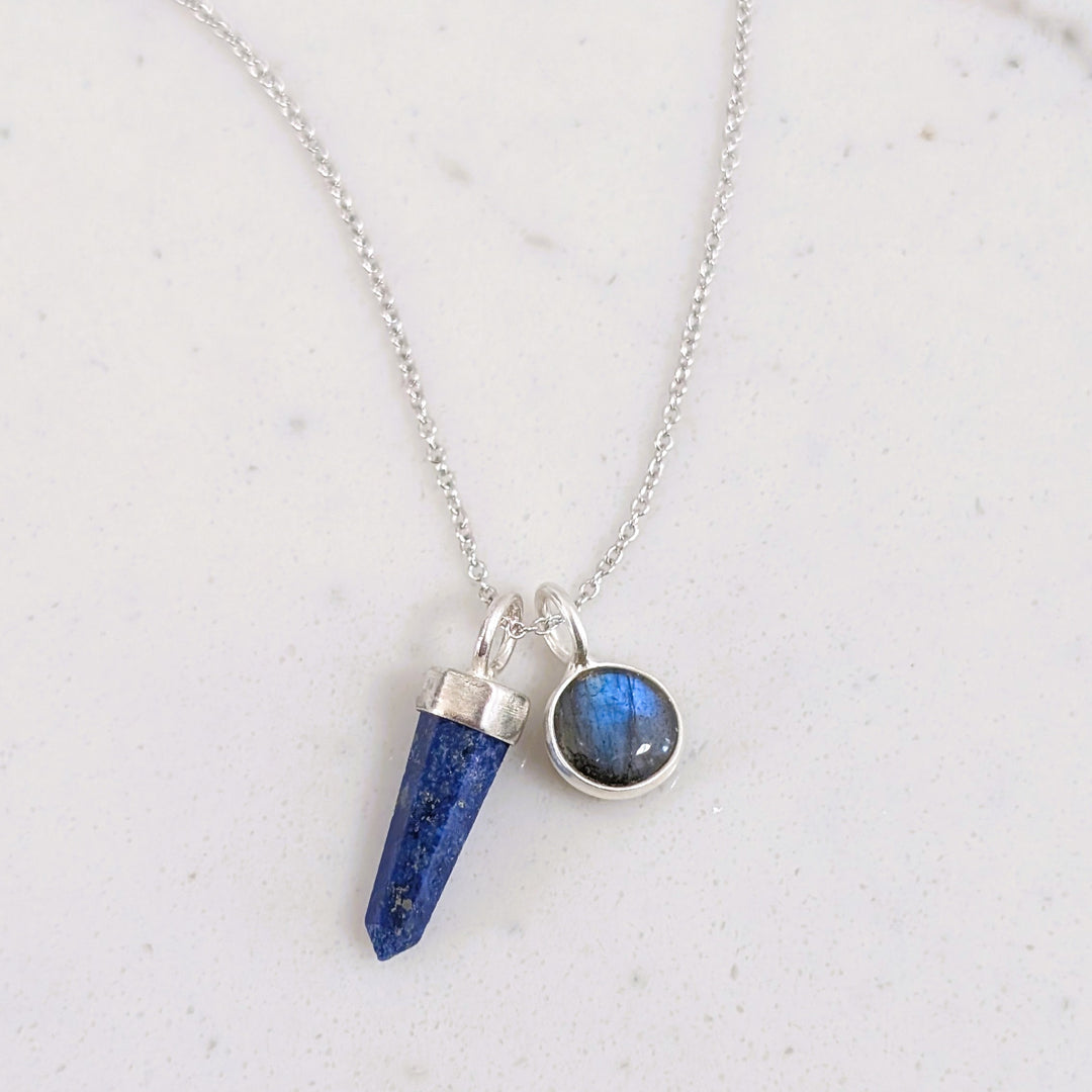 sterling silver and lapis lazuli spike pendant gemstone necklace with labradorite charm