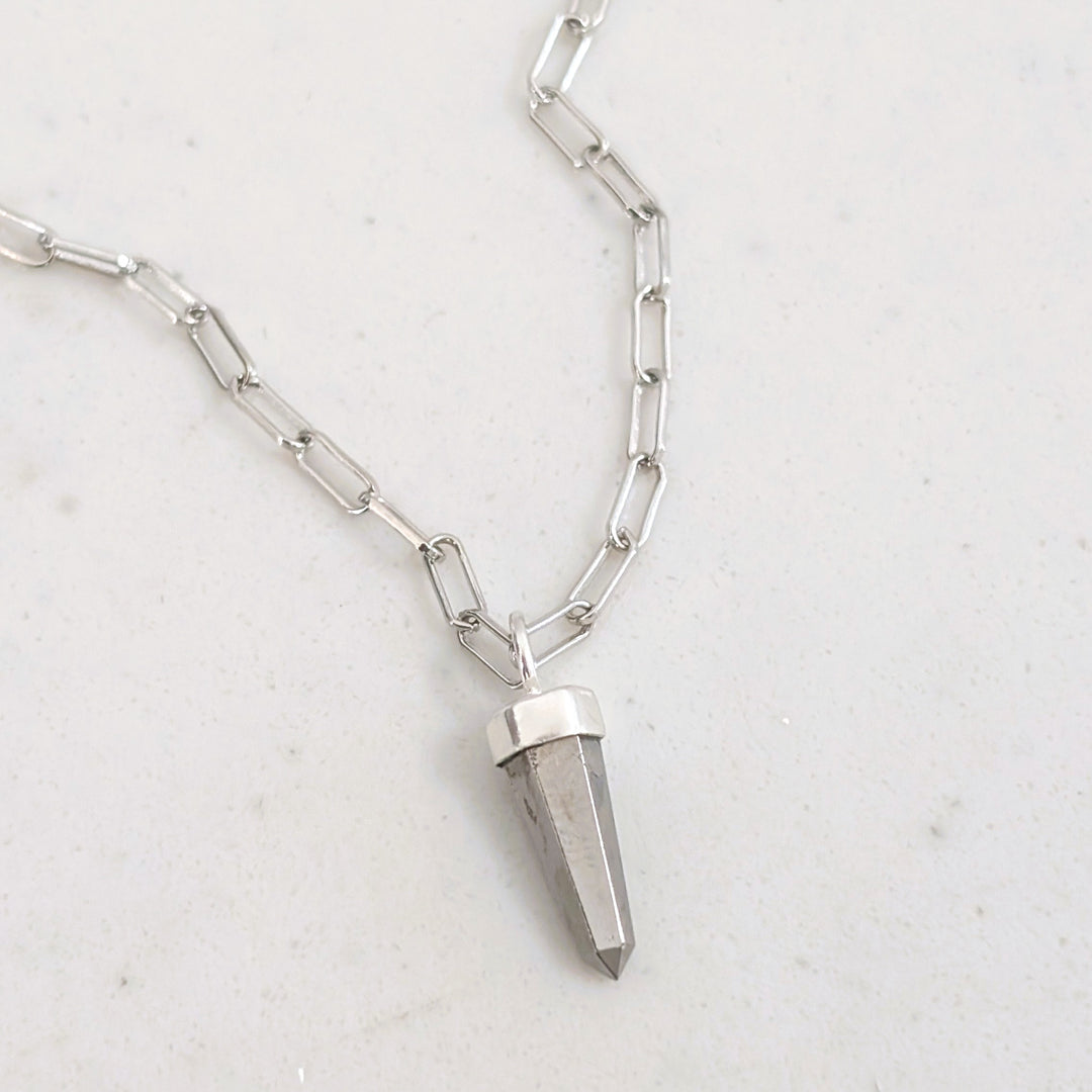 sterling silver pyrite spike gemstone necklace on paperclip chain