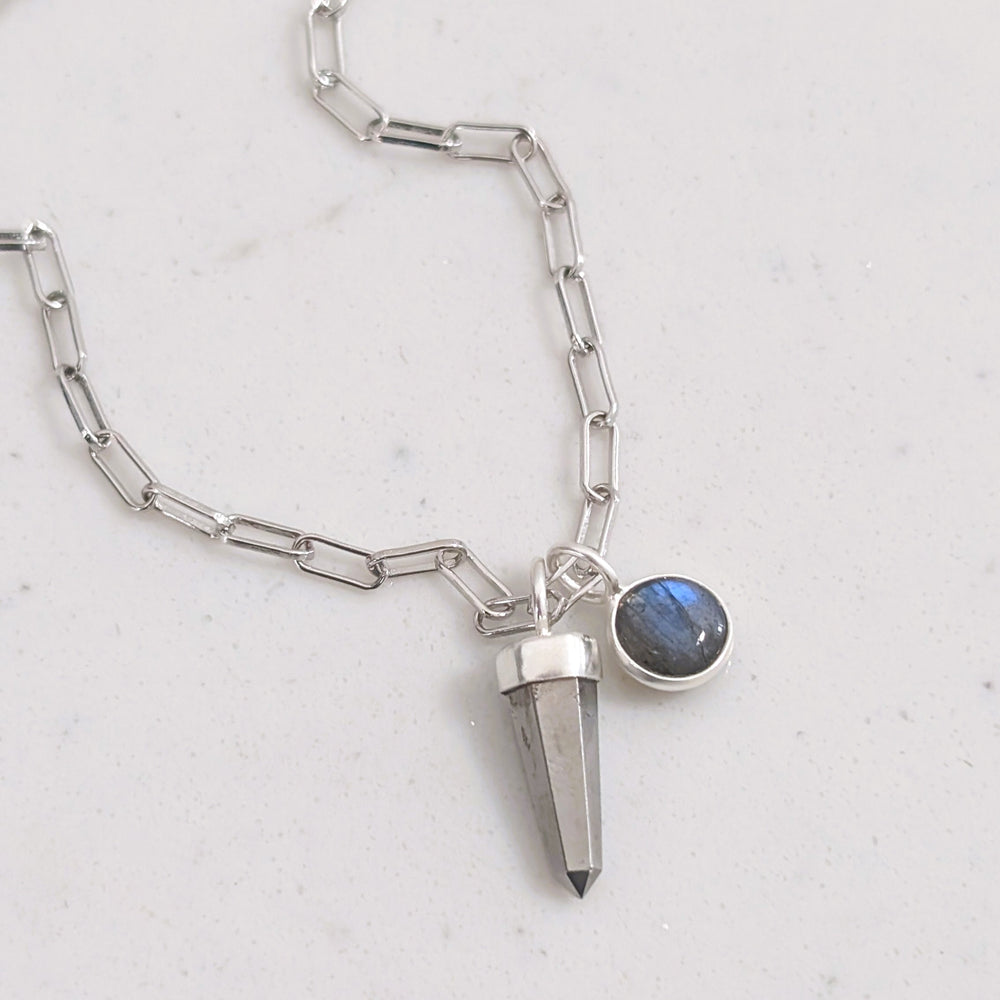 sterling silver pyrite spike gemstone necklace with labradorite charm