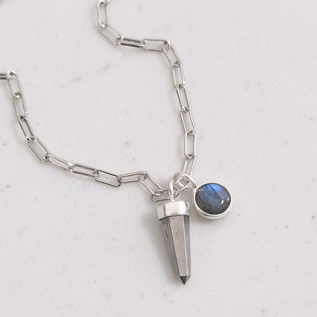 sterling silver pyrite spike gemstone necklace with labradorite charm