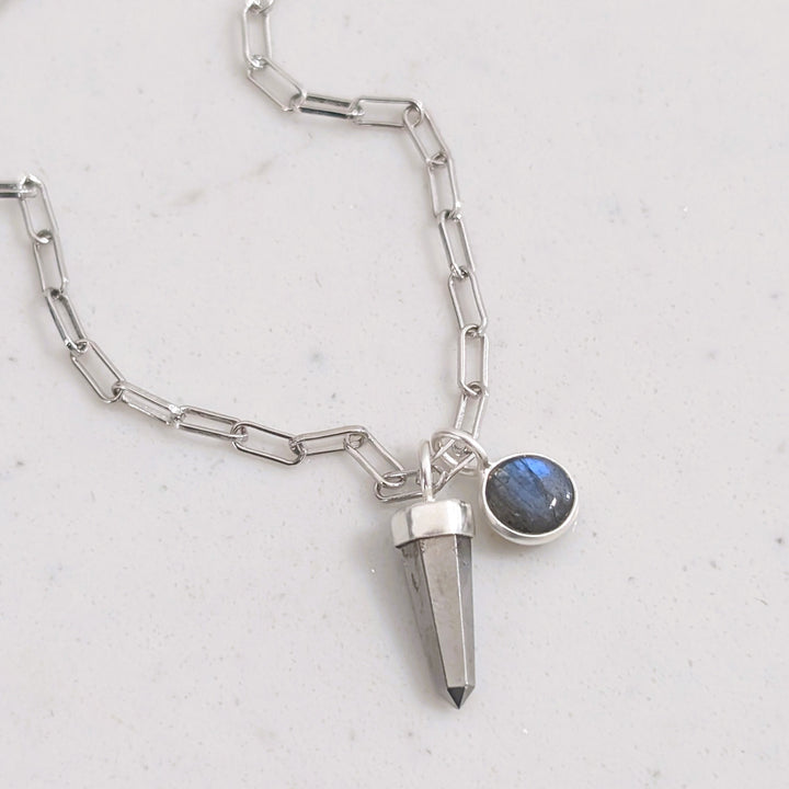 sterling silver pyrite spike gemstone necklace with labradorite charm