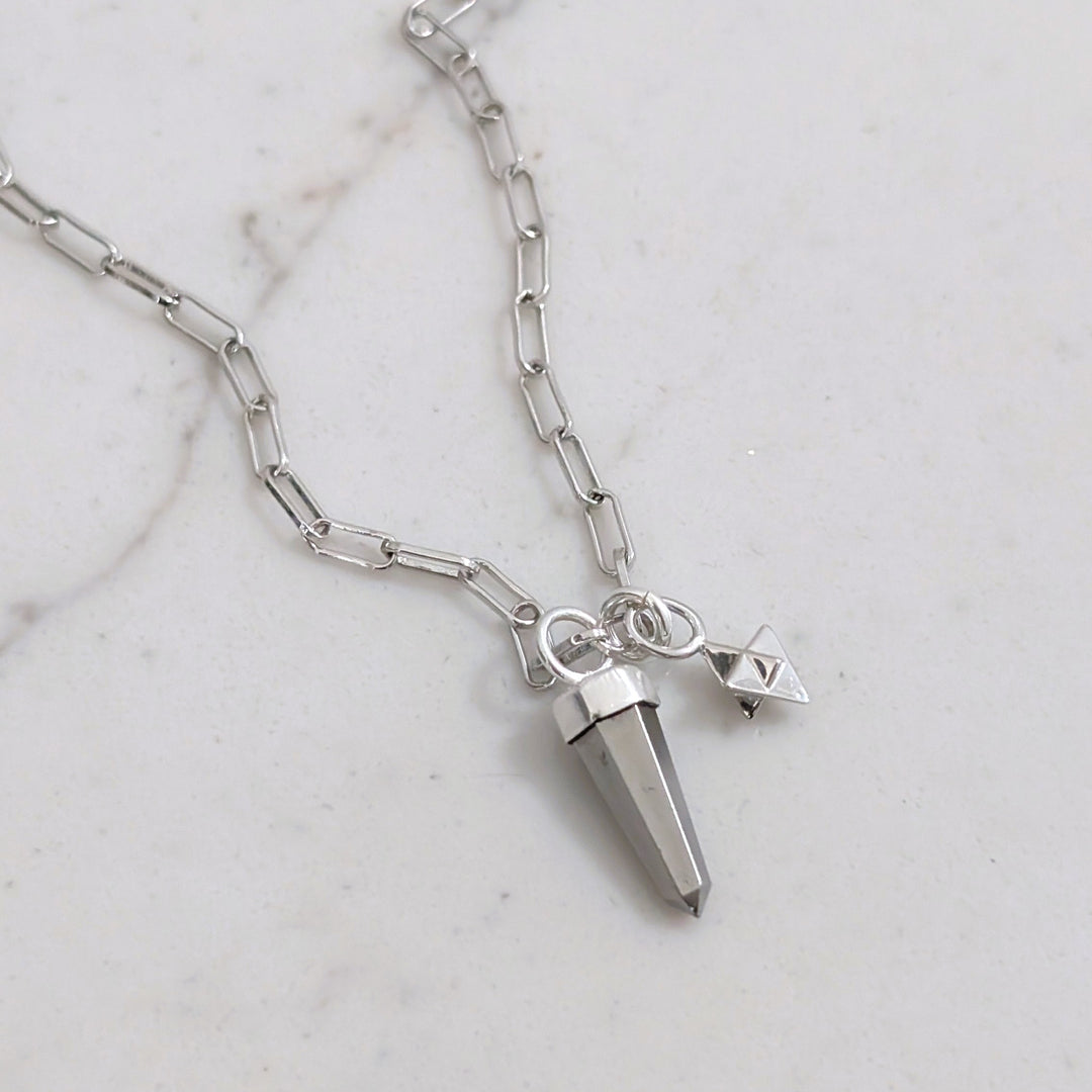 sterling silver pyrite spike gemstone necklace with tetrahedron star charm