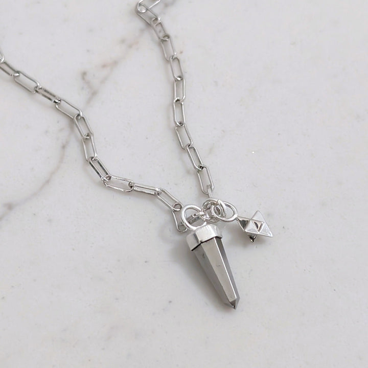 sterling silver pyrite spike gemstone necklace with tetrahedron star charm