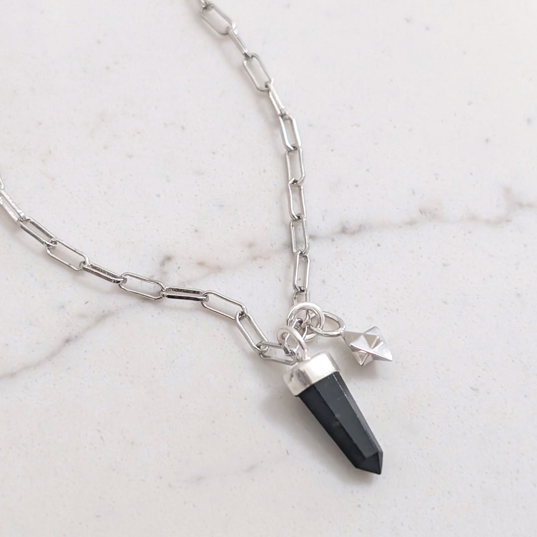 sterling silver black tourmaline spike gemstone necklace and silver tetrahedron charm 