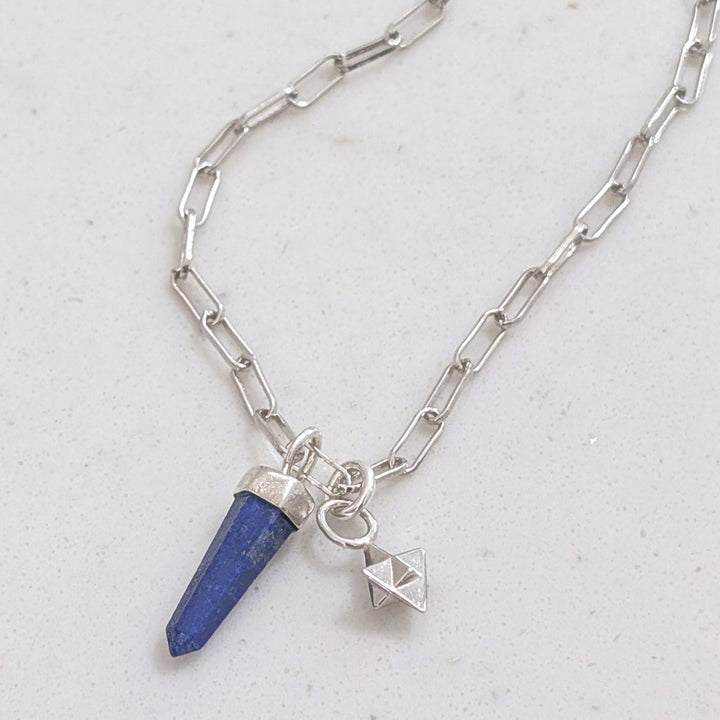 sterling silver lapis lazuli spike  and tetrahedron star charm pendant gemstone necklace on a paperclip chain