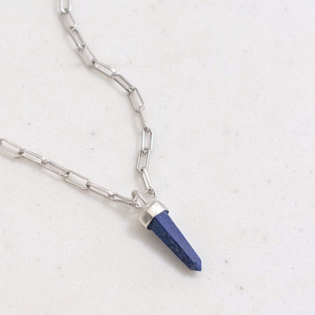 sterling silver and lapis lazuli spike pendant gemstone necklace on a paperclip chain