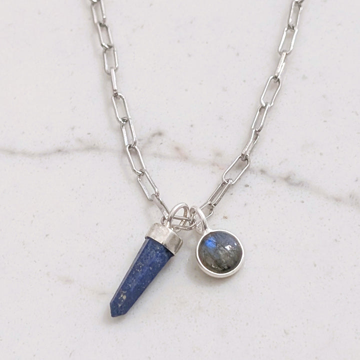 sterling silver lapis lazuli spike  and labradorite charm pendant gemstone necklace on a paperclip chain