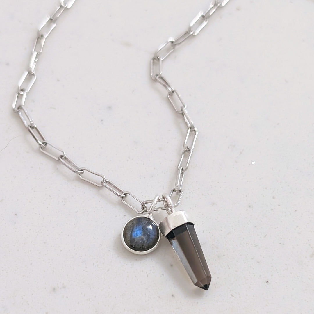 sterling silver smokey quartz spike and labradorite charm gemstone pendant necklace 