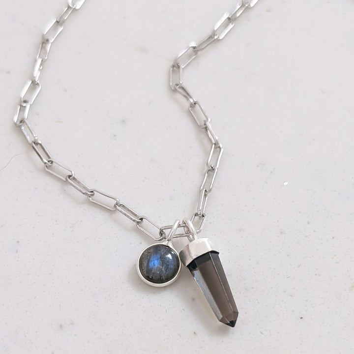 sterling silver smokey quartz spike and labradorite charm gemstone pendant necklace 